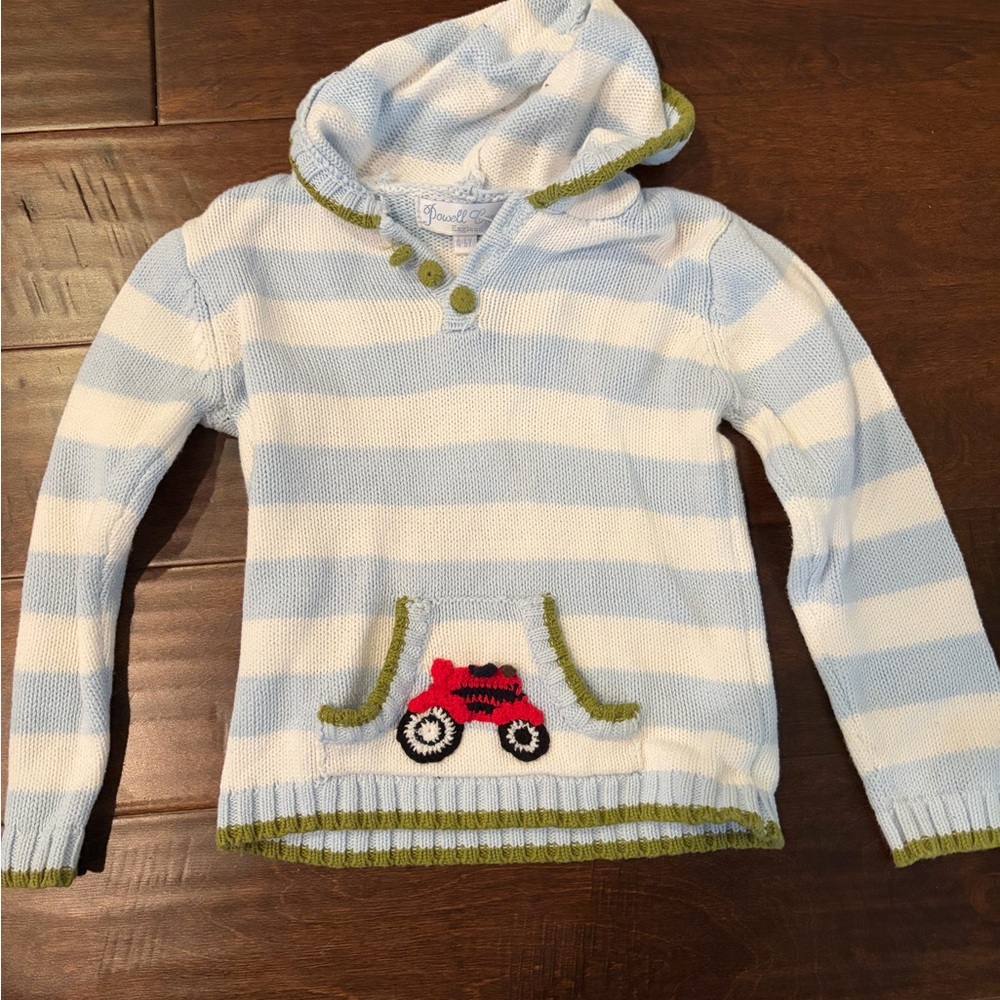 Striped Blue & White Hooded Sweater with Red Truck Applique - Kids
